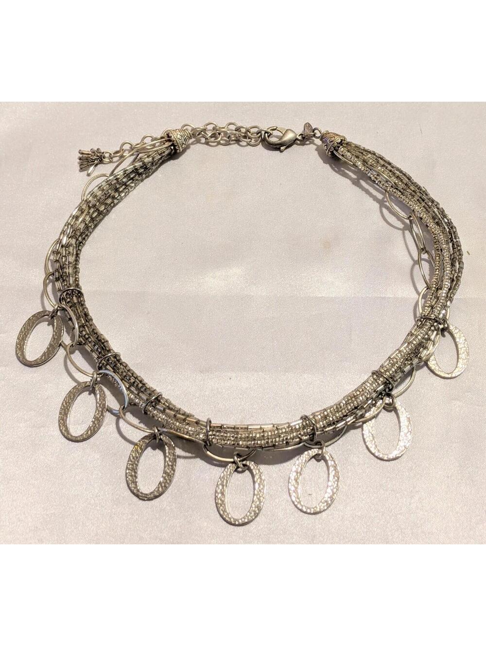 CHICO'S Silver Tone Multi Strand Necklace Clear Glass Seed Bead Oval Dangles
